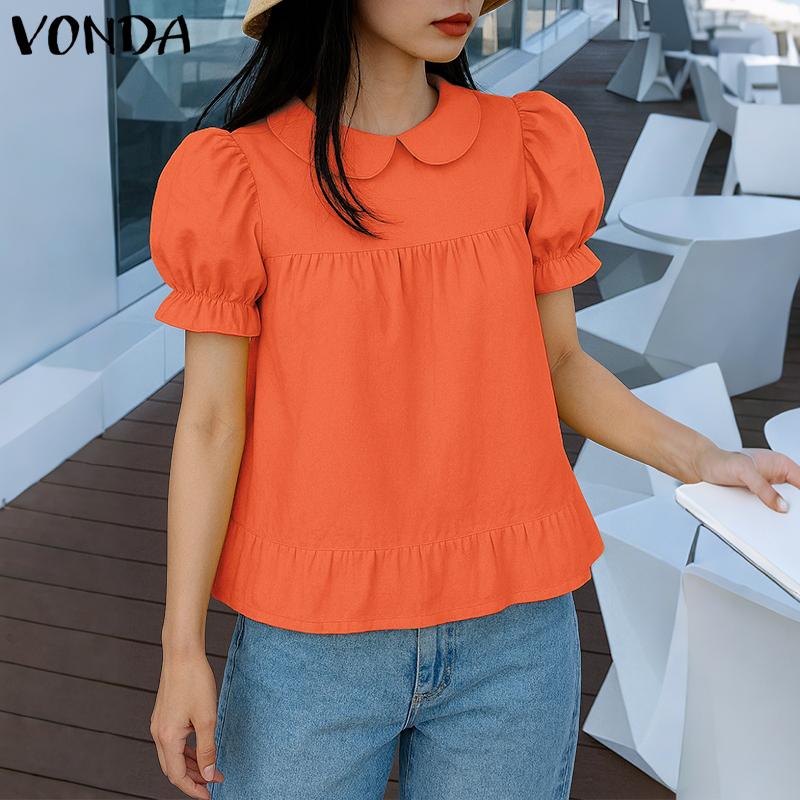 VONDA Women Lapel Neck Blouse Short Sleeve Ruffled Casual Summer Tops