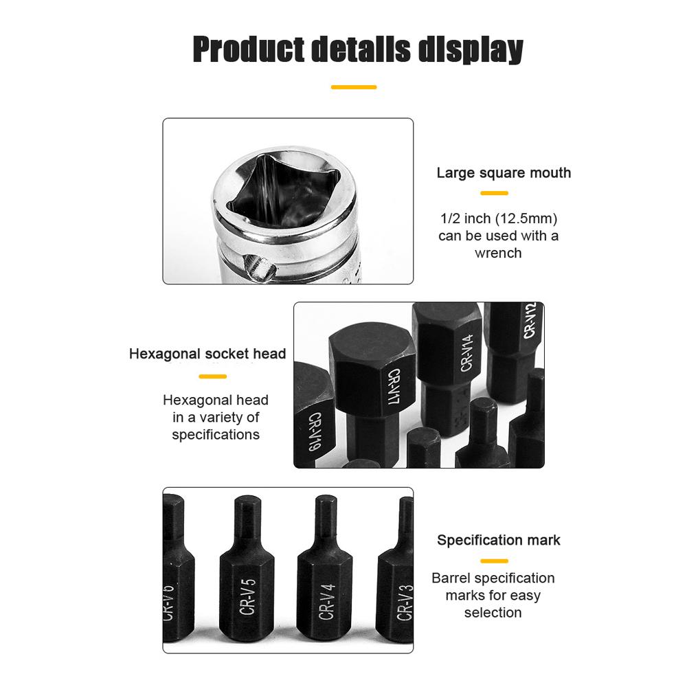 14pcs 1 2in Hex Bit Socket Set Electric Wrench Ratchet Wrench Hex Bits Accessory Car Repairing Machine Maintenance