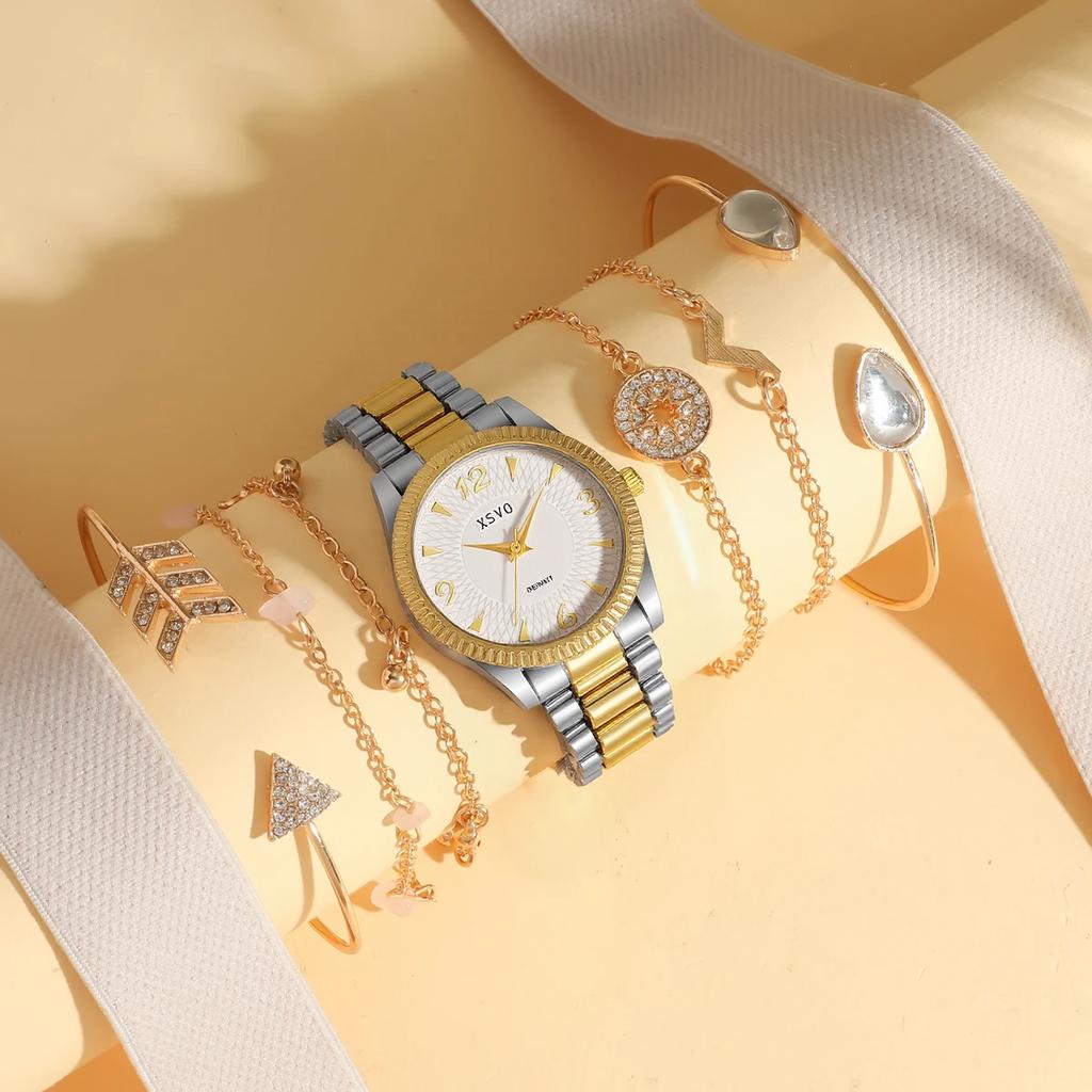Fashion Round Dial Alloy Material Women's Quartz Watch Bracelet Set of 7, Suitable for Christmas and Thanksgiving Gifts