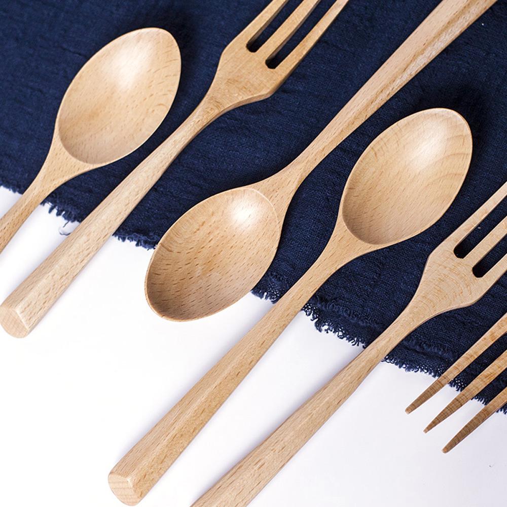 Dinner Portable Wood Handle Ice Cream Salad Kitchen Tableware Utensils Fork Wooden Spoon