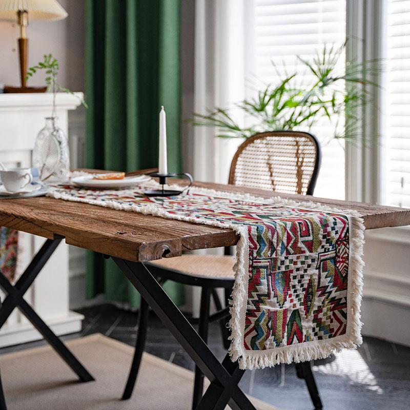 

Oil Painting Printed Table Runner with Tassels American Table Cloth for Wedding Party Cozy Cotton and Linen Home Accessories 30x160cm