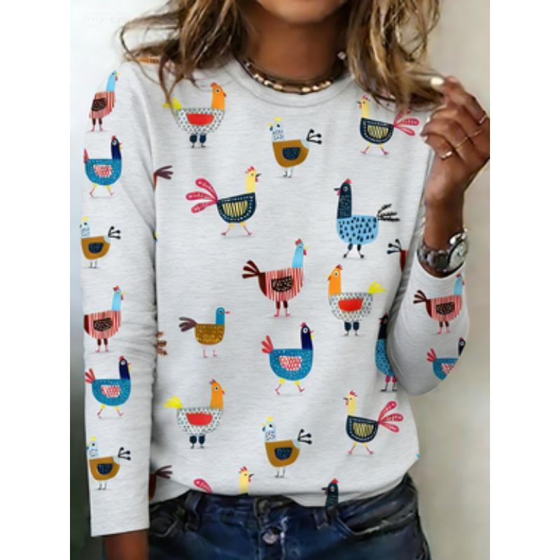 Women's Casual Short Sleeve T-Shirt - Colorful Cartoon Chick Print Round Neck Regular Machine Washable Top for All Seasons