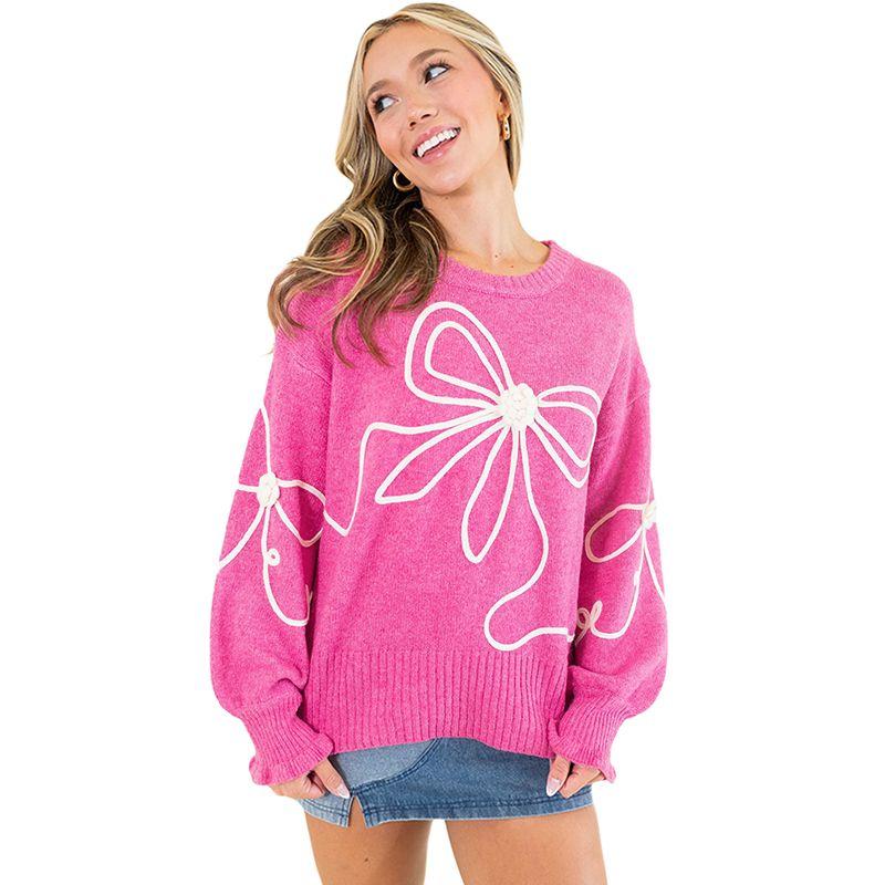 European and American Bow Design Long sleeve Pullover Sweater Women 2025 Spring and Autumn New Warm All-Match round Neck Knitted Top