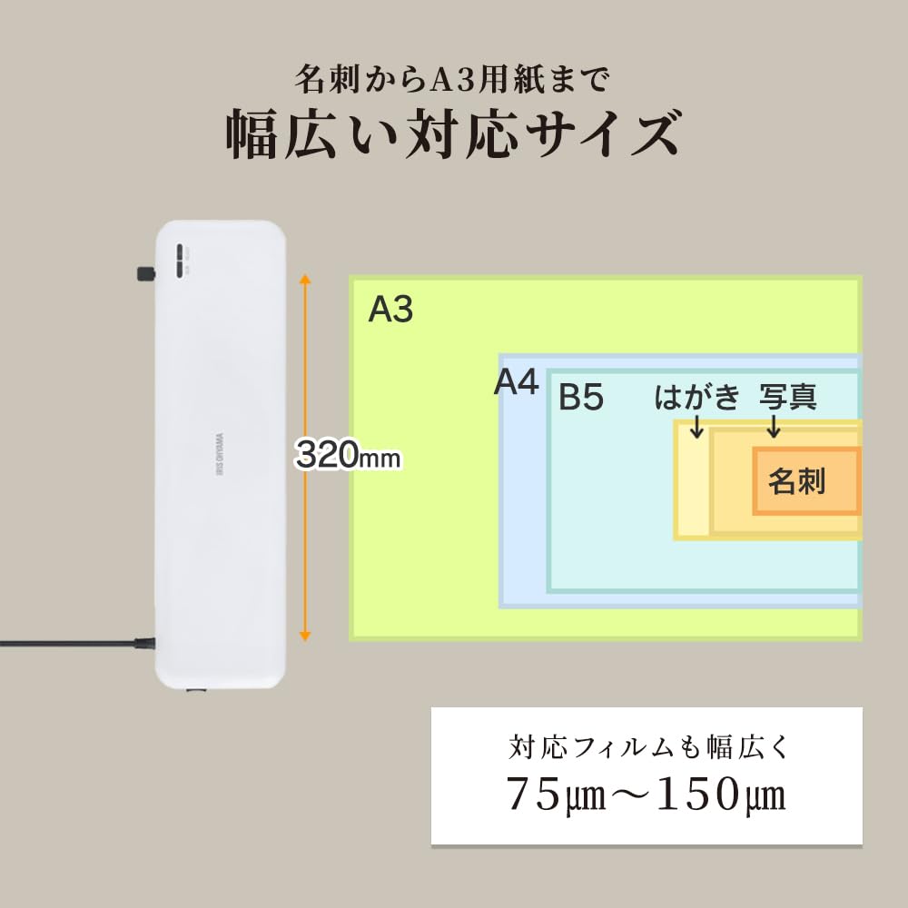 Iris Ohyama Fast Fits Visitenkartengrößen für kompatibel mit Folienstärken von bis zu Start-Up-Laminator, 35 Sekunden Startzeit, A3, 75m 150m,
