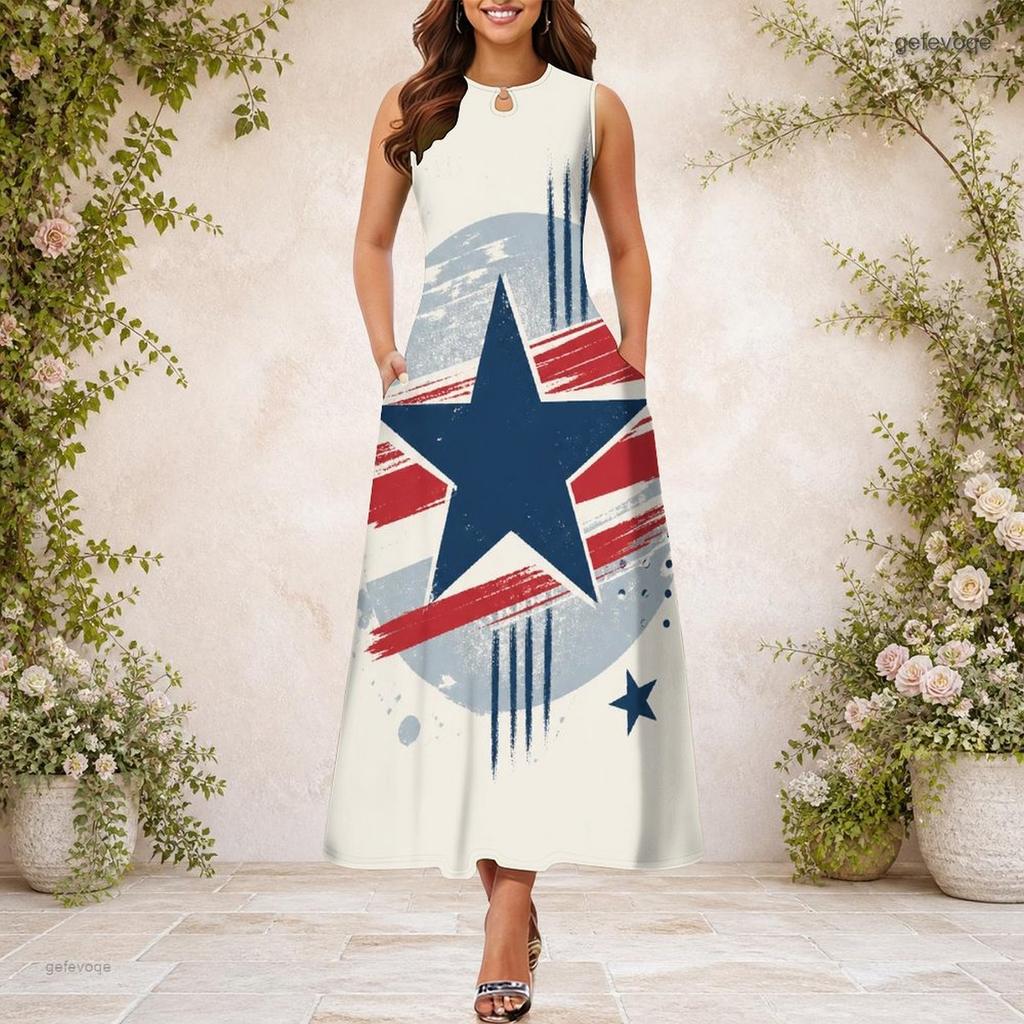 Women Plus Size Keyhole Neck Sleeveless Eagle Star Stripe Printed A Line Long Dress