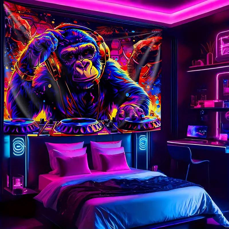 Dynamischer DJ Gorilla Fluoreszierendes Wandteppich Drehe deinen Raum UV-Wandteppich Wandbehang Schlafzimmer Zuhause Party Dekoration