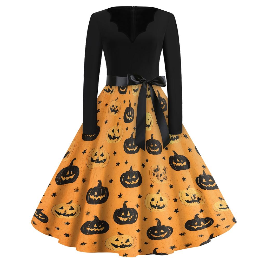 Women's Casual Vintage Halloween Print V Neck Long Sleeve Dress with Waist Tie and Flared Skirt for Everyday Wear