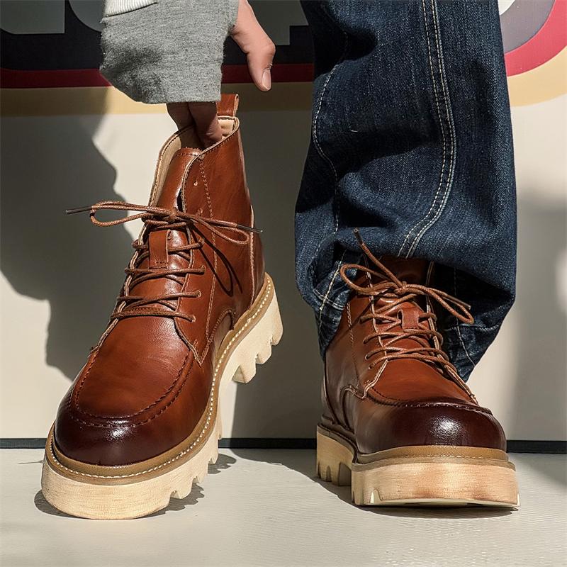 Fashion Men's British Retro Casual Boots Fashion Thick Sole Heightened Work Mens Shoes Lace-up Comfortable Outdoor Flats Oxfords Boots
