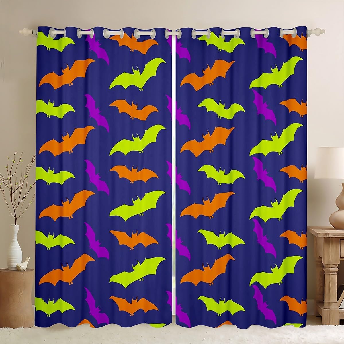 

Light Blocking Bat Curtain Kids Teen Bedroom Galaxy Curtains Happy Halloween Drapes Gothic Spooky Window Treatments Polyester Washable Master Ready W100*H130(CM)-Grommet top&2PCS