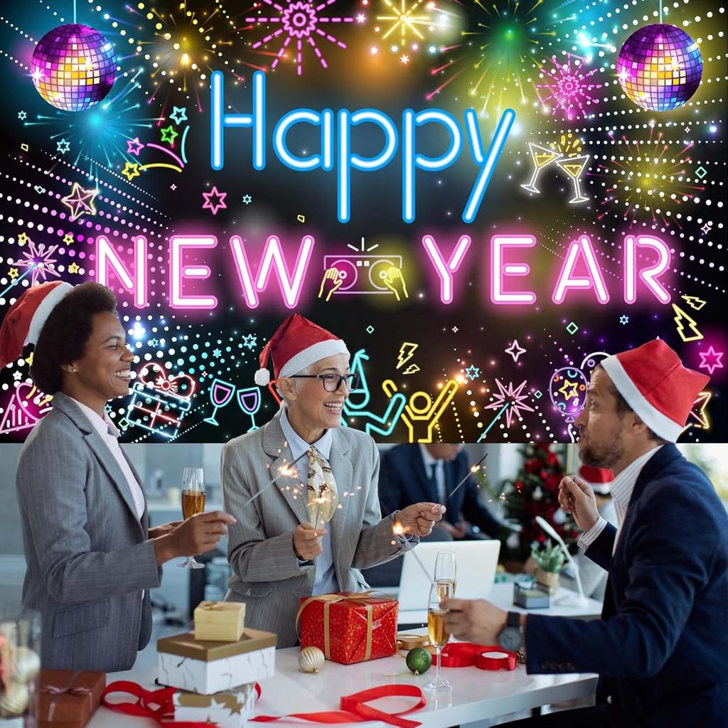 Neon Happy New Year 2026 Banner - Large Colorful Disco Theme Party Backdrop with Hanging Rope - New Years Eve Party Supplies 2026 - Holiday Photo