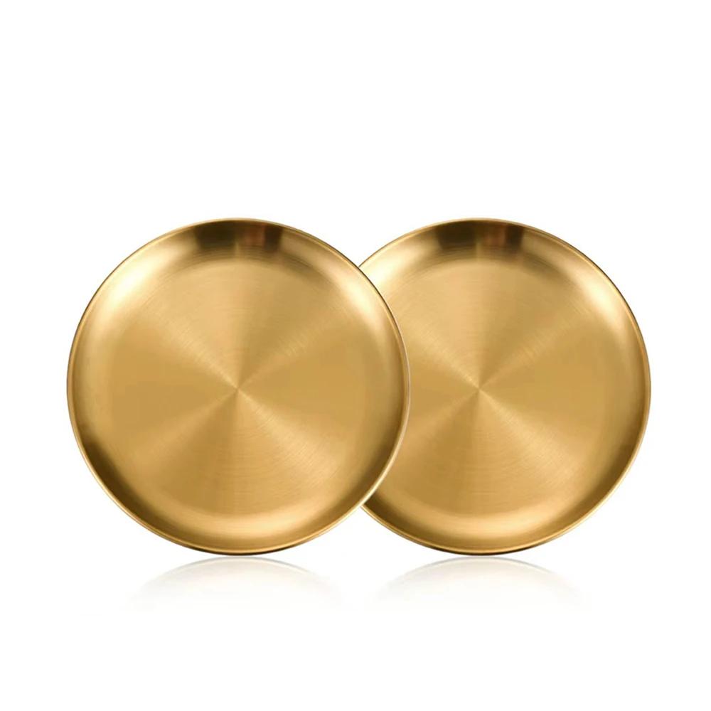 2Pcs Gold Stainless Steels Metal Round Plate Rust-Proof Shallow Tray Plate Camping Plate BBQ Picnic Dishes Cookware Tableware
