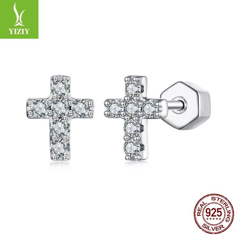 Cross Diamond Moissanite Stud Earrings Women'S Cross-Border Trend 925 Sterling Silver Shine Stud Earrings