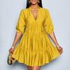 Women’s V Neck Tiered Mini Dress with Three Quarter Sleeve Loose Fit Casual Gathered Skirt Pullover Style