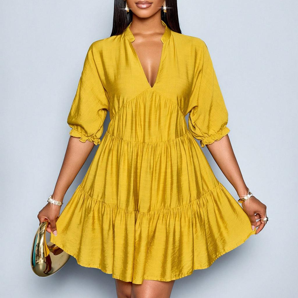 Women’s V Neck Tiered Mini Dress with Three Quarter Sleeve Loose Fit Casual Gathered Skirt Pullover Style
