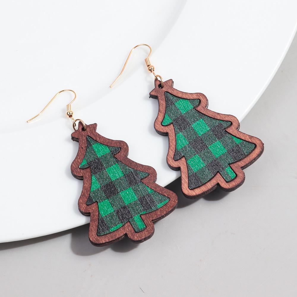 Retro Long Christmas Tree Wood Earrings for Women Creative Xmas Plaid Cookie Trees Drop Earring Party Jewelry Gifts