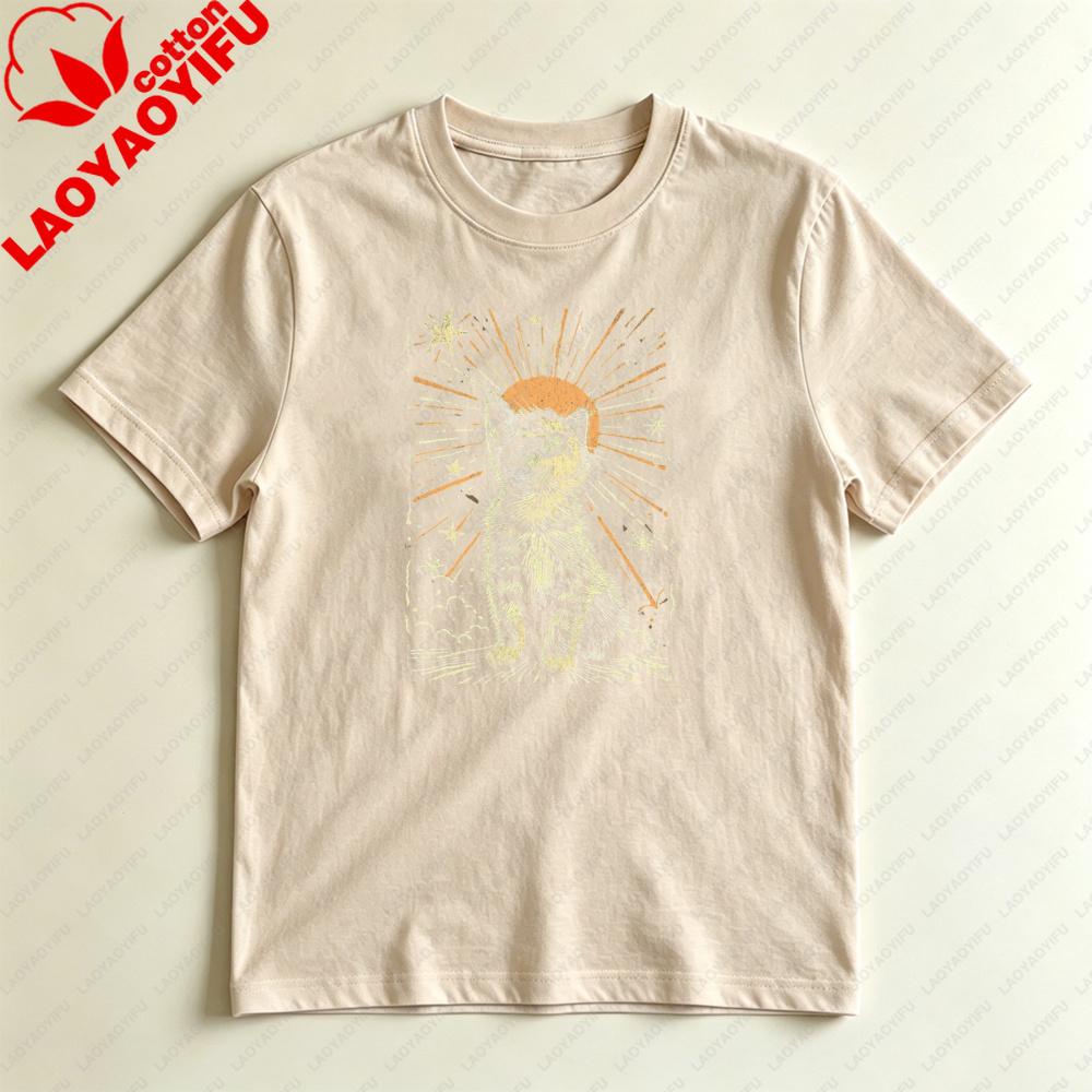 Vintage Celestial Cat Tarot Style Graphic TShirt Mystical Starry Kitten Casual Tee Unisex Summer Daily Life Fashion Cotton Tops