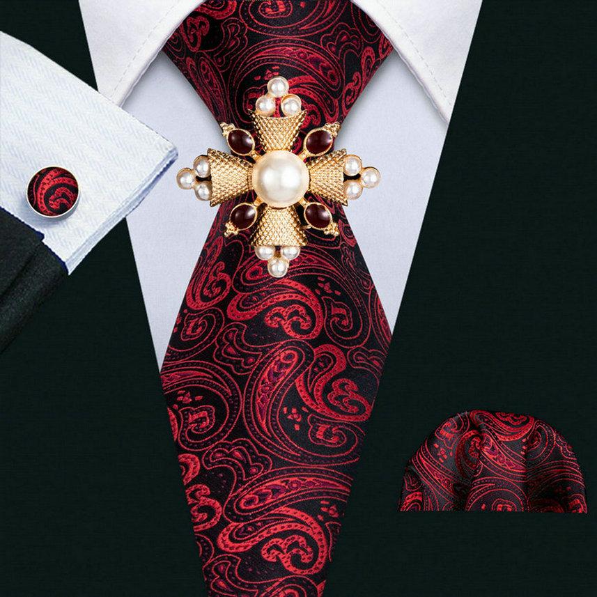 16 Styles Tie with Pearl Brooch for Men Paisley Woven Necktie Hanky Cufflinks Set Wedding Formal