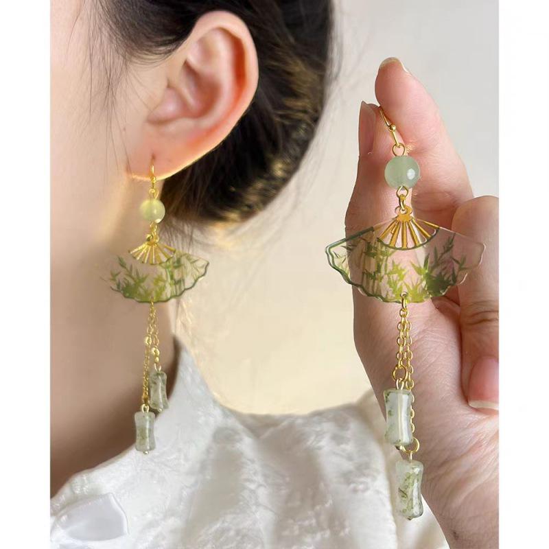 2024 Chinese Style Green Bamboo Transparent Folding Fan Earrings зелёный