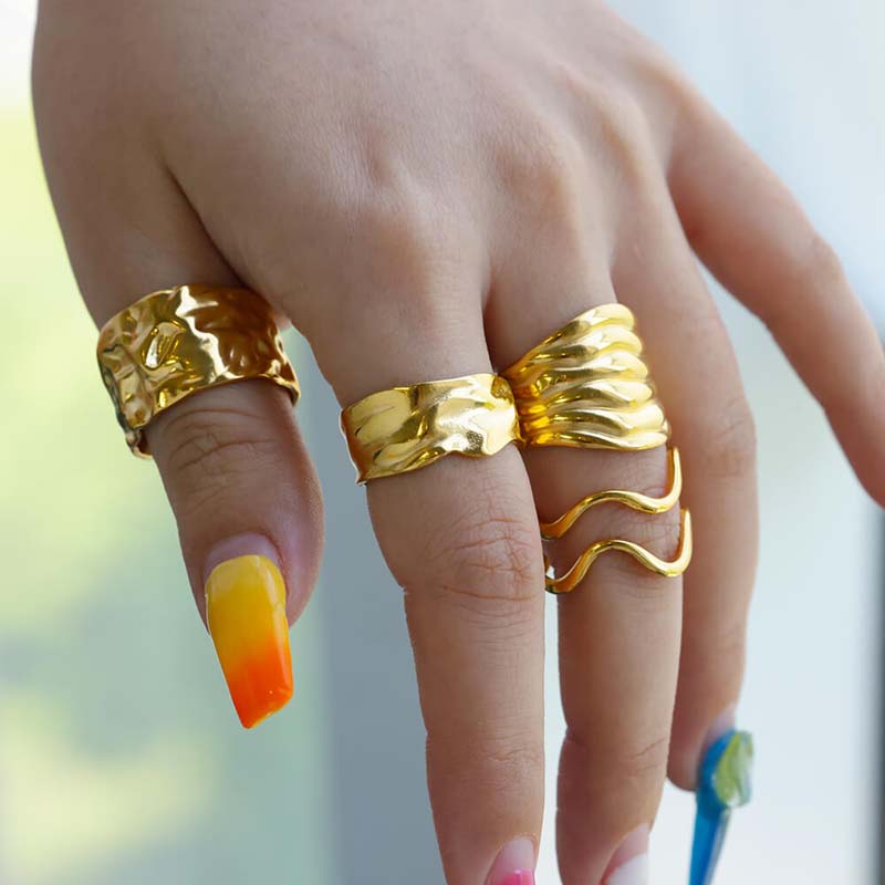 Stainless Steel Gold Color Irregular Geometric Opening Rings for Women Fashion Metal Texture Wide Rings Aesthetic Jewelry Gift