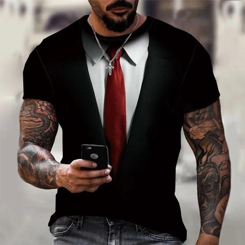 Fashionable men's T-shirt 3D printed tie pattern ordinary short sleeved shirt