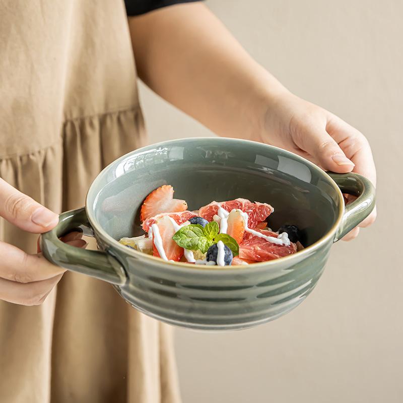 Retro Creative Ring Pattern Ceramic Binaural Bowl Salad Bowl Household Solid Color Tableware Bowl Irregular Soup Bowl Fruit Bowl