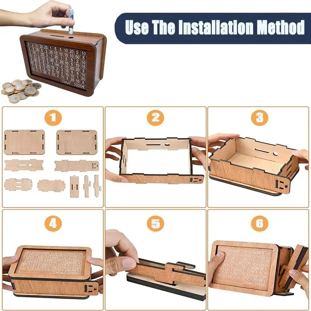 Wooden Piggy Bank Reusable Handmade Money Box, Piggy Bank with Saving Goal and Numbers To Check for Helps The Habit of Saving