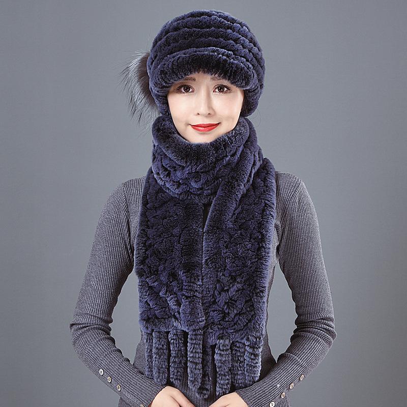 

Комплект из двух предметов: шарф и шапка, средний и пожилой теплый костюм, вязаная утолщенная теплая шапка из кроличьего меха рекс, меховой шарф hat джинсовый синий