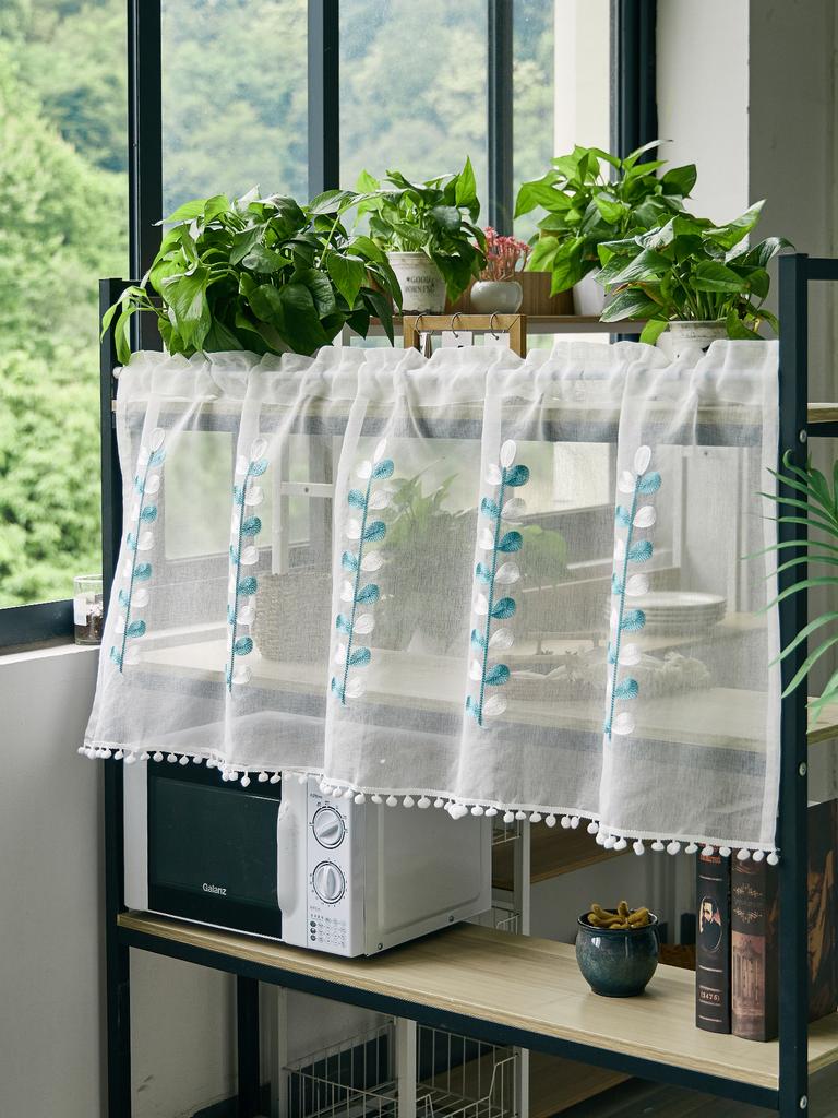 Leaves Short Sheer Tier Curtains Green Leaf Embroidery Kitchen Half Curtain Rod Pocket