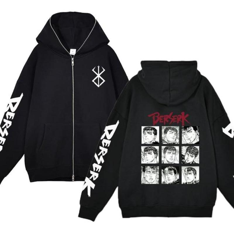 Berserk Hoodie Jackets Anime Guts Zipper Hoodies Casual Fleece Oversized Sweatshirt Loose Hip Hop Streetwear Zip Up Jacket Coats