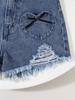 Single-piece girls' casual summer denim shorts with heart-shaped stickers, frayed edges, and a trendy, sexy style. Elastic waist and loose fit.