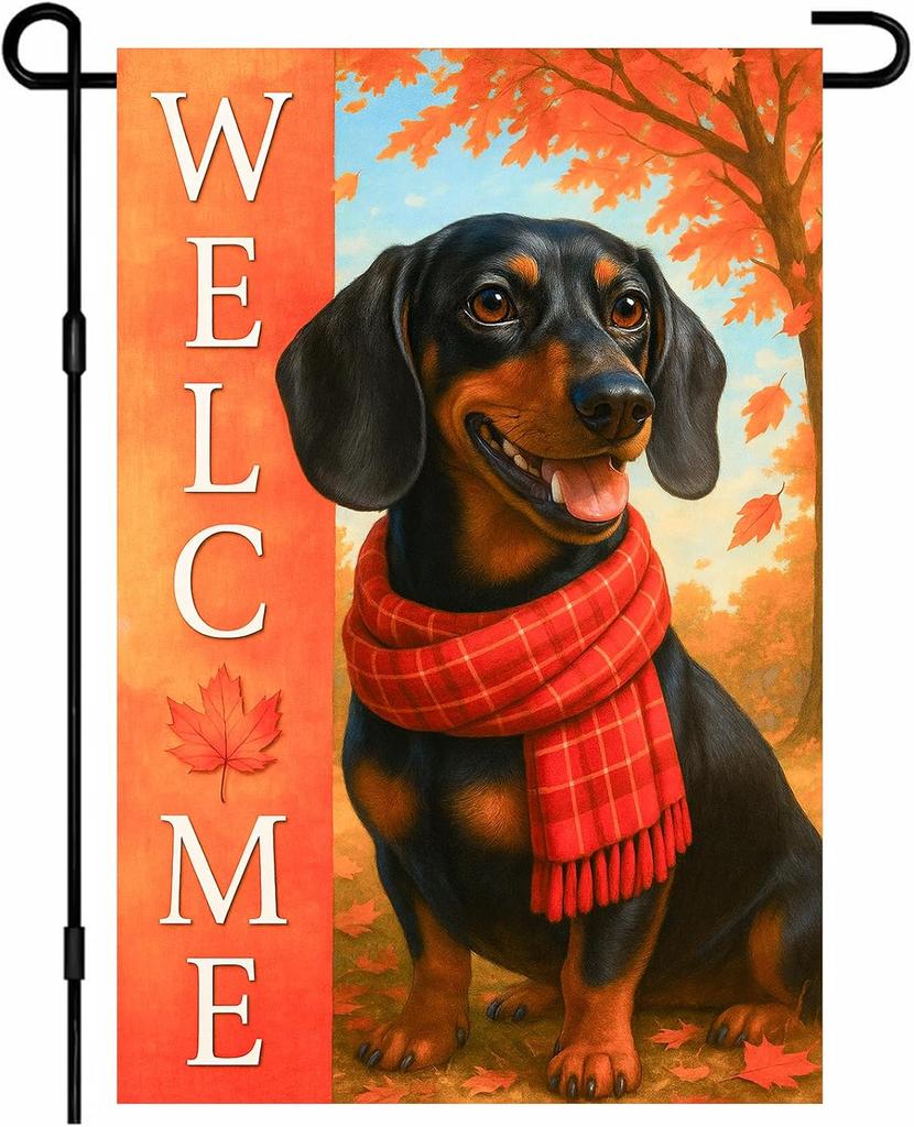 Thanksgiving Fall Garden Ag 12x18 Inch Dachshund Dog Red Plaid Scarf Outdoor Ag Double Sided Autumn Puppy Yard Banner Wi