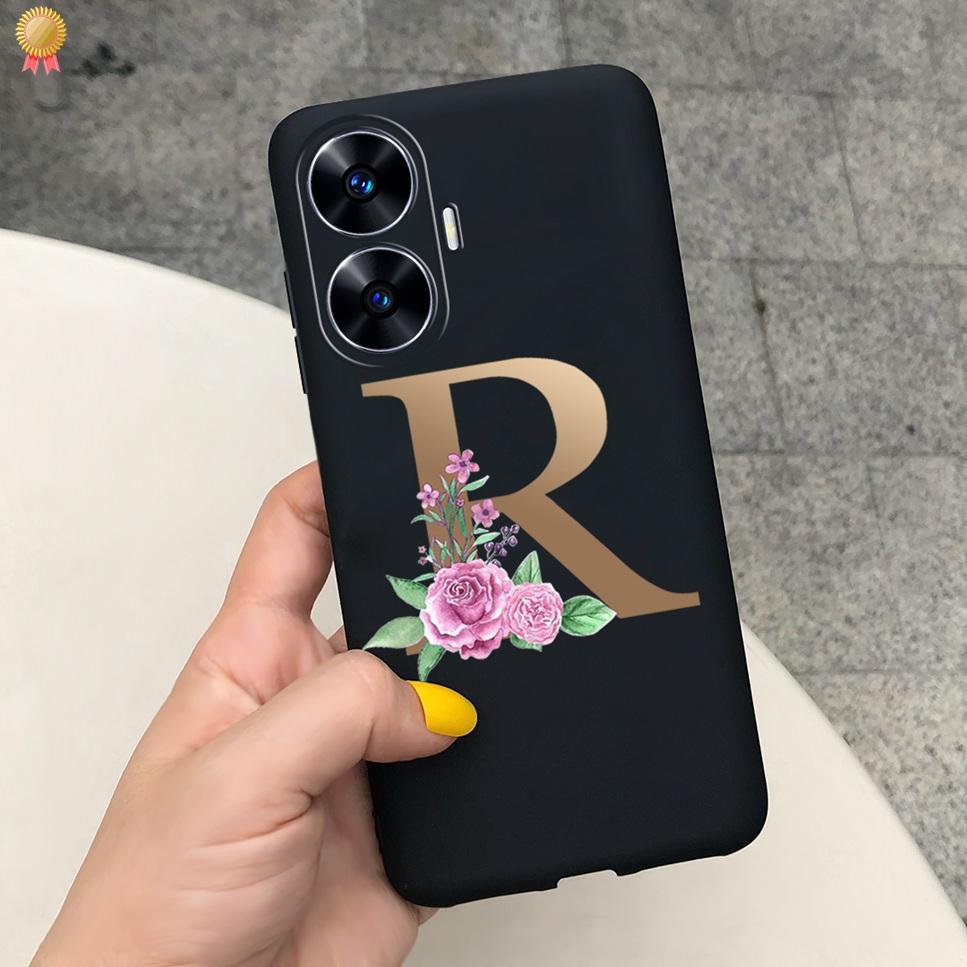 For Realme C55 C 55 6.72'' Case Delicate Cute Letters 3D Crown Flowers Matte Shockproof Soft TPU Silicone Phone Case Back Cover