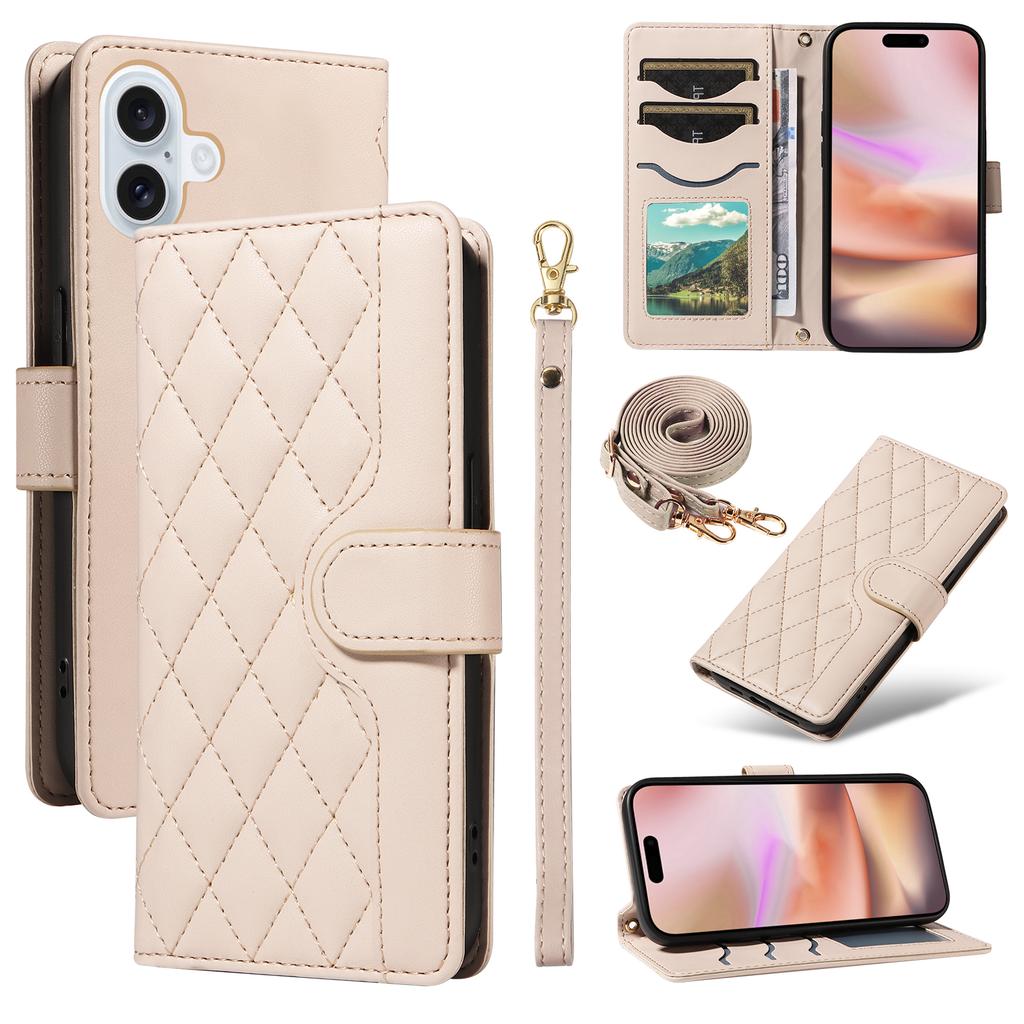 For iPhone 16 Plus Case Wallet Rhombus Leather Handbag Phone Cover with Shoulder Lanyard