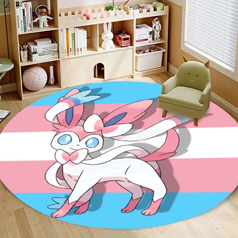 Kawaii Sylveon Theme Round Area Rug Pink Fairy Pattern Circular Rug Kids Girls Bedroom Gamer Room Decor
