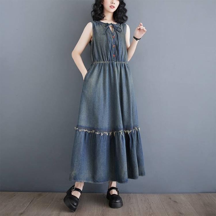 Oversized Summer Denim Dress Plus Size Women Sleeveless Vintage Long Casual Loose Pleated Dress