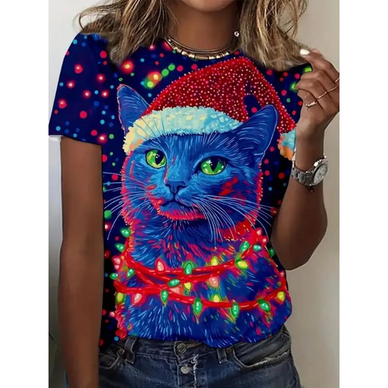 Fashion Women's Crew Neck Short Sleeve 3D Animal Color Printing Animal Short Sleeve Crew Neck T-Shirt
