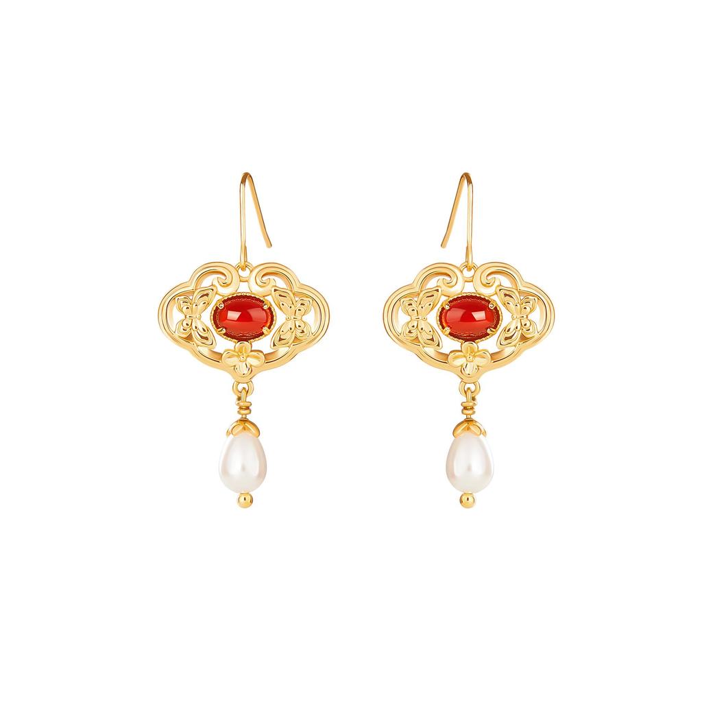 Chinese Retro Elegant Red Pendant Fan Earrings
