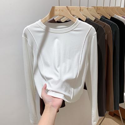 European Solid Color Temperament Fishbone Long-sleeved T-shirt for Women Autumn and Winter New Slim Fit Inner High Waist Short Bottoming Shirt Top