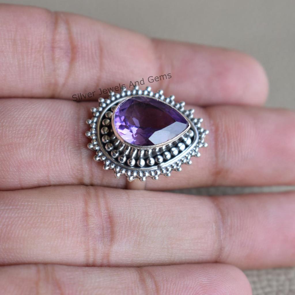 Teardrop Amethyst Ring: Handmade 925 Sterling Silver, February Birthstone