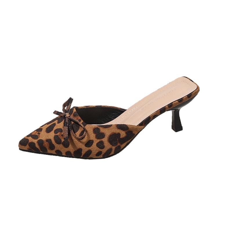 Fashion Butterfly-Knot Flock Women Heels Pumps Shoes Mules Slip on Footwear Shallow Ladies Medium Heels Shoes Female Slides