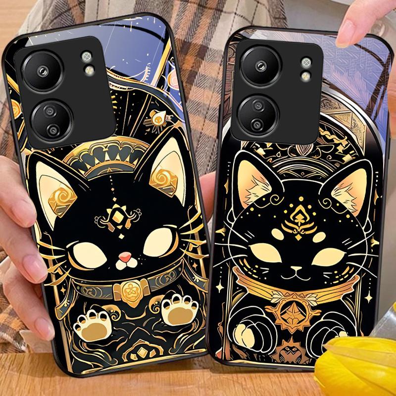 Schwarzes Gold Katze Für Xiaomi Redmi 13C Note13 12 Pro Plus 5G Note 9 13T Pro POCO X6 F5 F6 Schwarze Hartglas Handyhülle