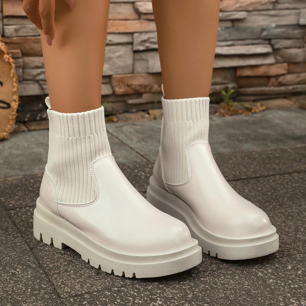 Women Boots 2025 Autumn Winter Women Chelsea Boots Female Outdoor Leather Ankle Boots Knitted Sexy Platform Shoes Ladies