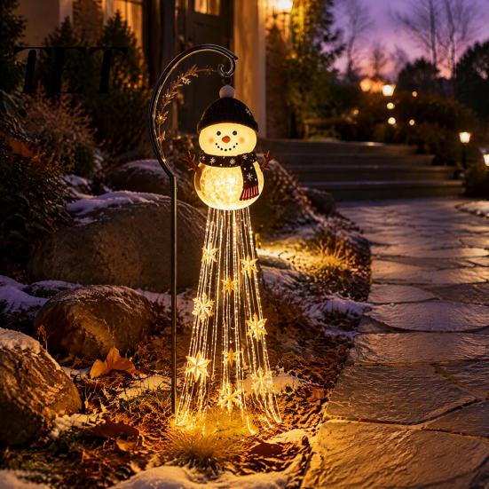 Wasserdichte LED-Rasenornamente Solar-Schneemann Gartenspießleuchte, Fließende Wasserfall-Lichterkette mit Außenhofdekorationen Stern Schneeflocke, Dekoration für