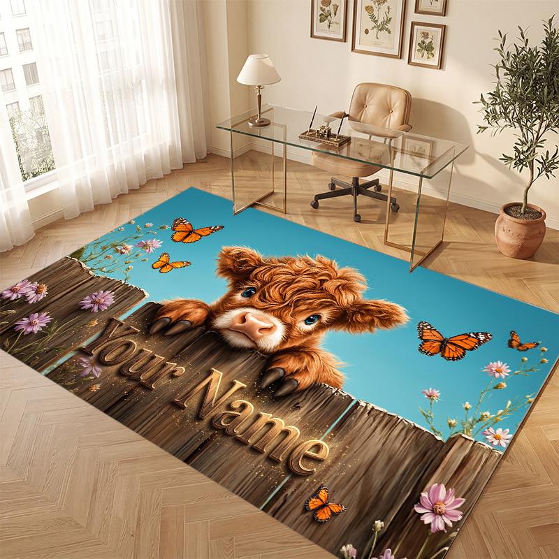 Butterfly Theme Soft Crystal Velvet Rug Custom Name & Text Print Non Slip Floor Rug for Bedroom Living Room