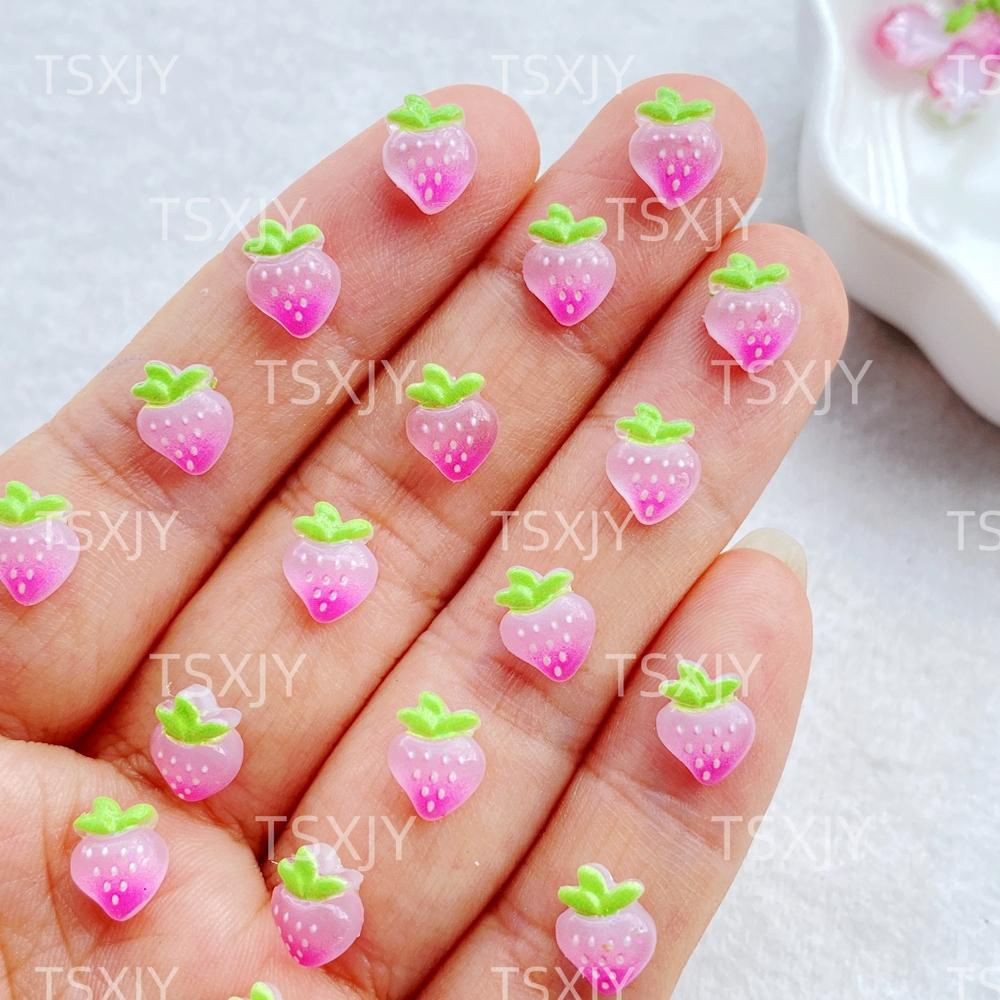 50pcs Pink 3D Strawberry Cute Nail Charms Flatback Resin Rhinestone Gems Red Strawberry Designs Nail Decoration Jewelry
