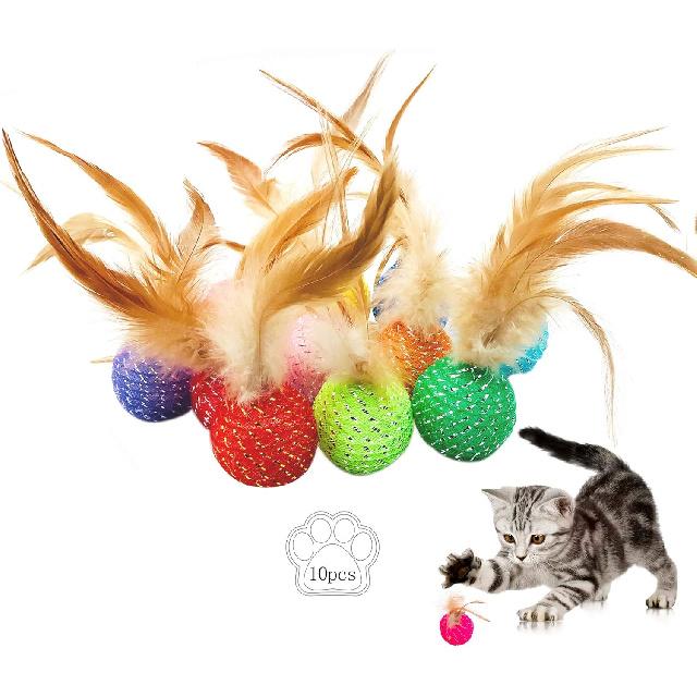 10Pcs Cat Colorful Rainbow Toys Flutter Balls with Feather and Bells for Indoor Ourdoor Kitty Kitten Interactive Playing Chewing Training Chasing