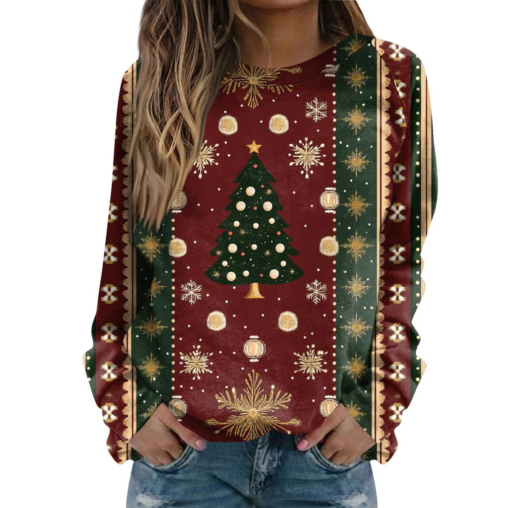 Women's Fashion Casual Long Sleeve Christmas Printed Neck Sweatshirt Top