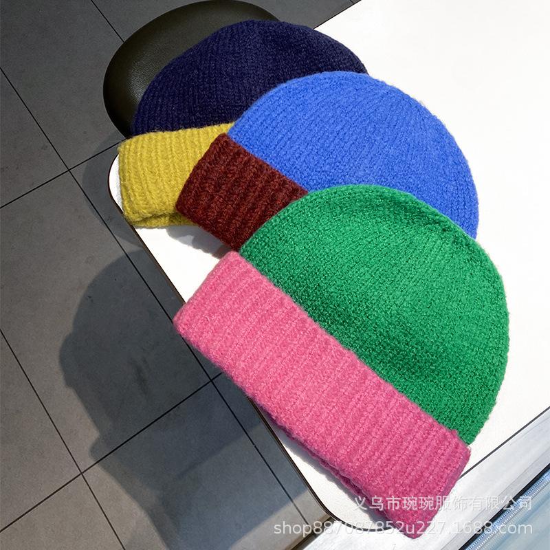 New Color Matching Wool Hat Women's Fashion Autumn and Winter Simple Knitted Hat Versatile Face Small Big Head Circumference Cold Hat