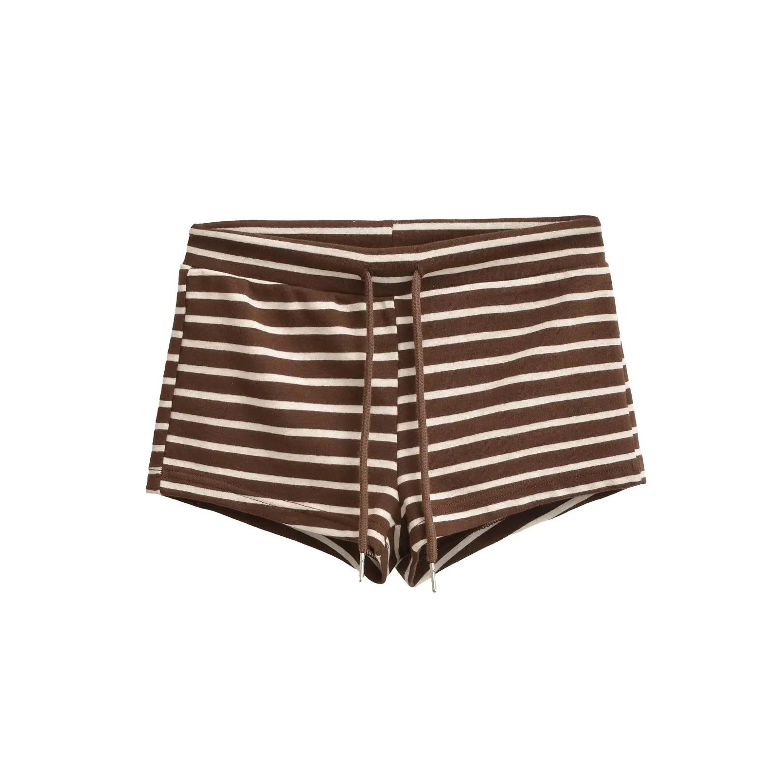 Retro Striped One-Shoulder Top & Low-Waist Drawstring Shorts Set for Women Large