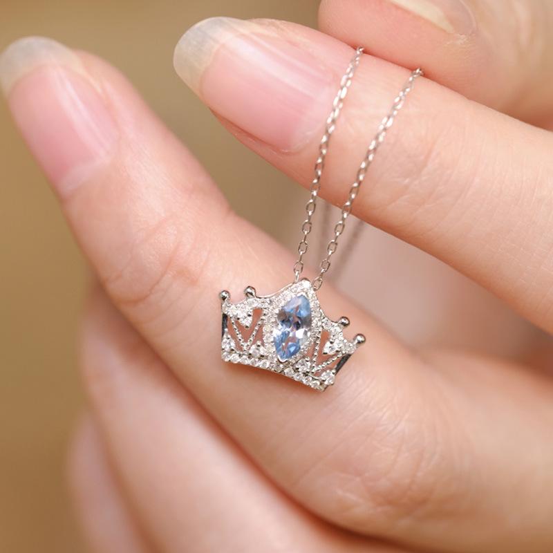 

S925 Sterling Silver Aquamarine Crown Necklace for Women – Trendy 2021 Summer Luxury Clavicle Chain